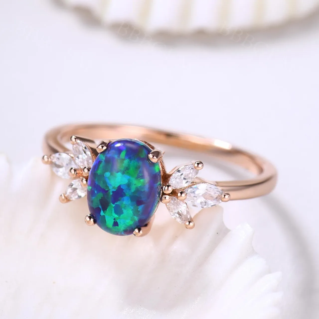 14K/18K  Vintage Black Opal Engagement Ring Moissanite Art Deco Band Promise Jewelry