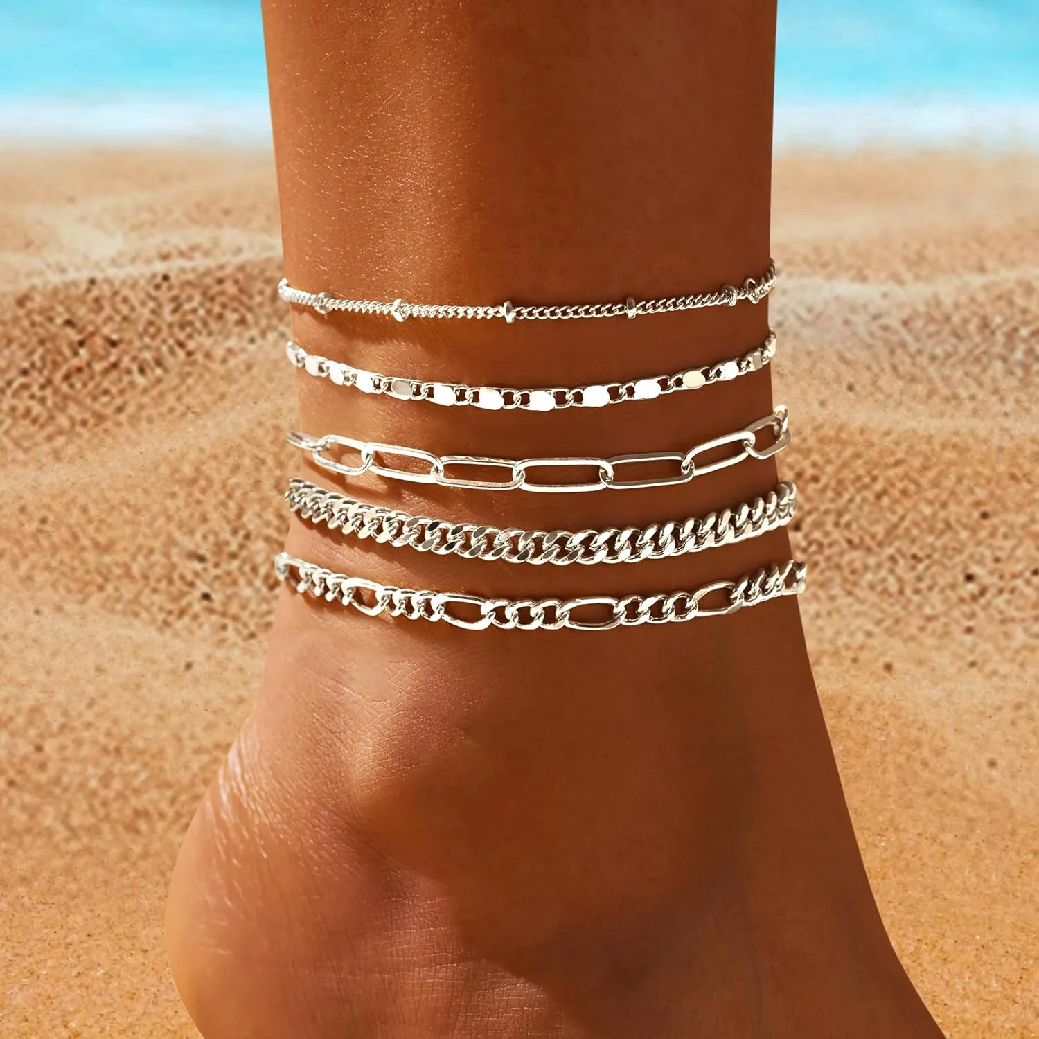 Ankle Bracelets for Women, 14k Gold Jewelry Set Waterproof Layered Cuban Figaro Link Chain Anklets Set Gold Anklets Summer Boho Beach Jewelry Gift Adjustable Size