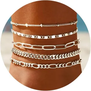 Ankle Bracelets for Women, 14k Gold Jewelry Set Waterproof Layered Cuban Figaro Link Chain Anklets Set Gold Anklets Summer Boho Beach Jewelry Gift Adjustable Size