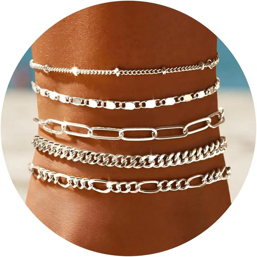 Ankle Bracelets for Women, 14k Gold Jewelry Set Waterproof Layered Cuban Figaro Link Chain Anklets Set Gold Anklets Summer Boho Beach Jewelry Gift Adjustable Size