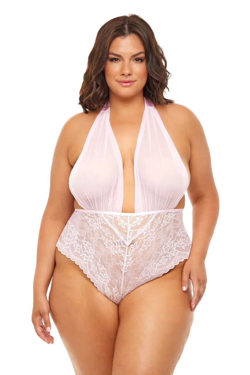 Aria Sheer Plunge Halter Teddy • Pink