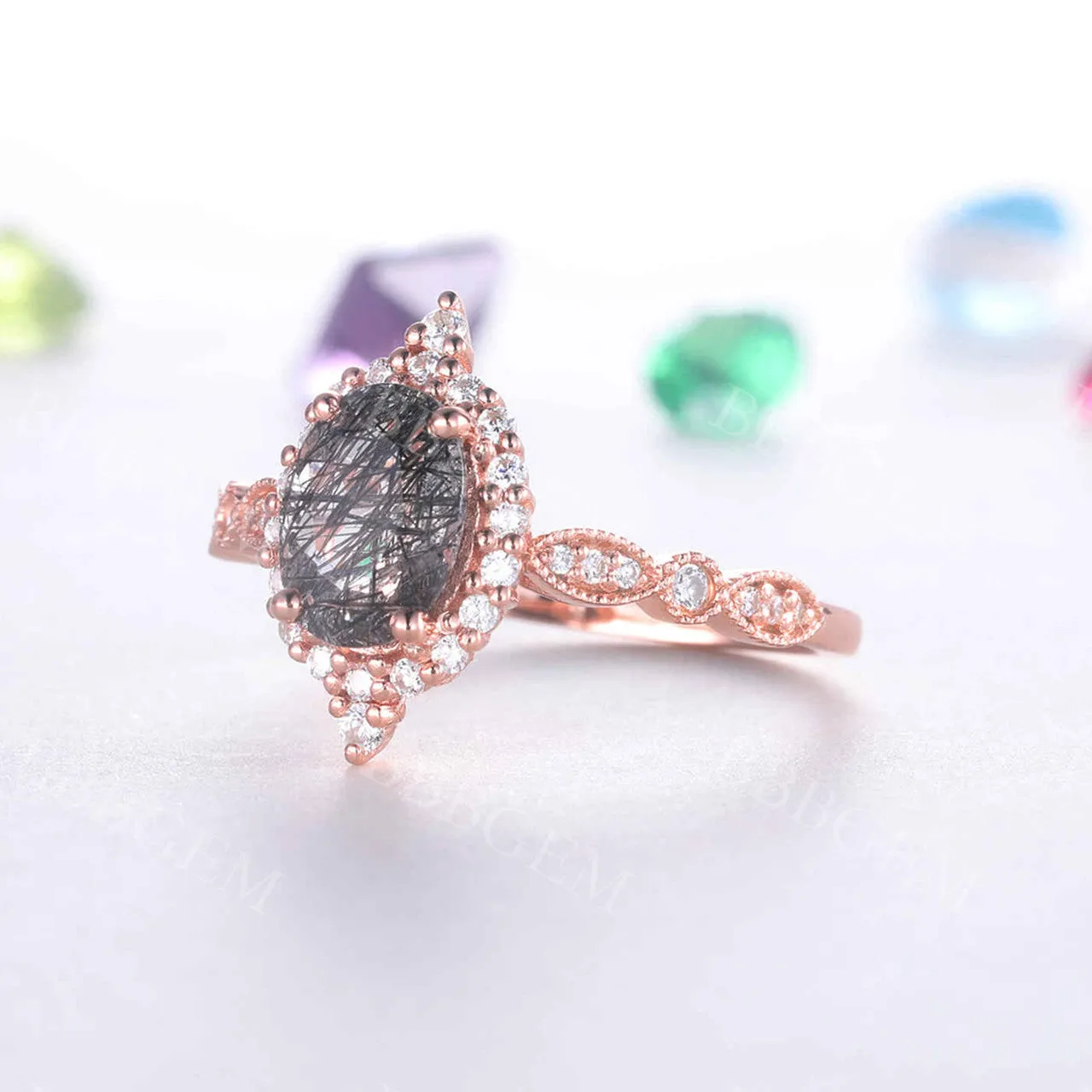Black Rutilated Quartz Engagement Ring Rose Gold Vintage Diamond Wedding Ring