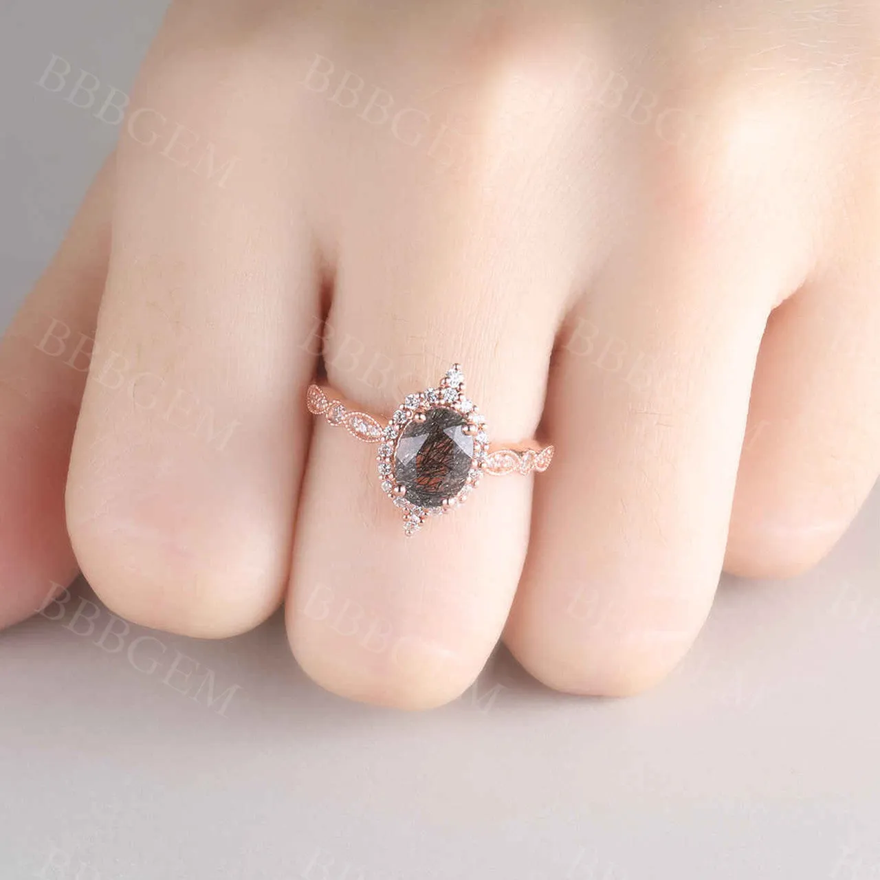 Black Rutilated Quartz Engagement Ring Rose Gold Vintage Diamond Wedding Ring