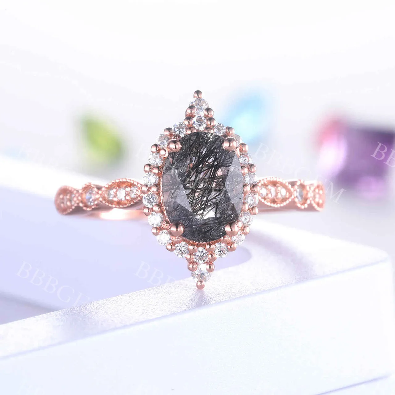 Black Rutilated Quartz Engagement Ring Rose Gold Vintage Diamond Wedding Ring