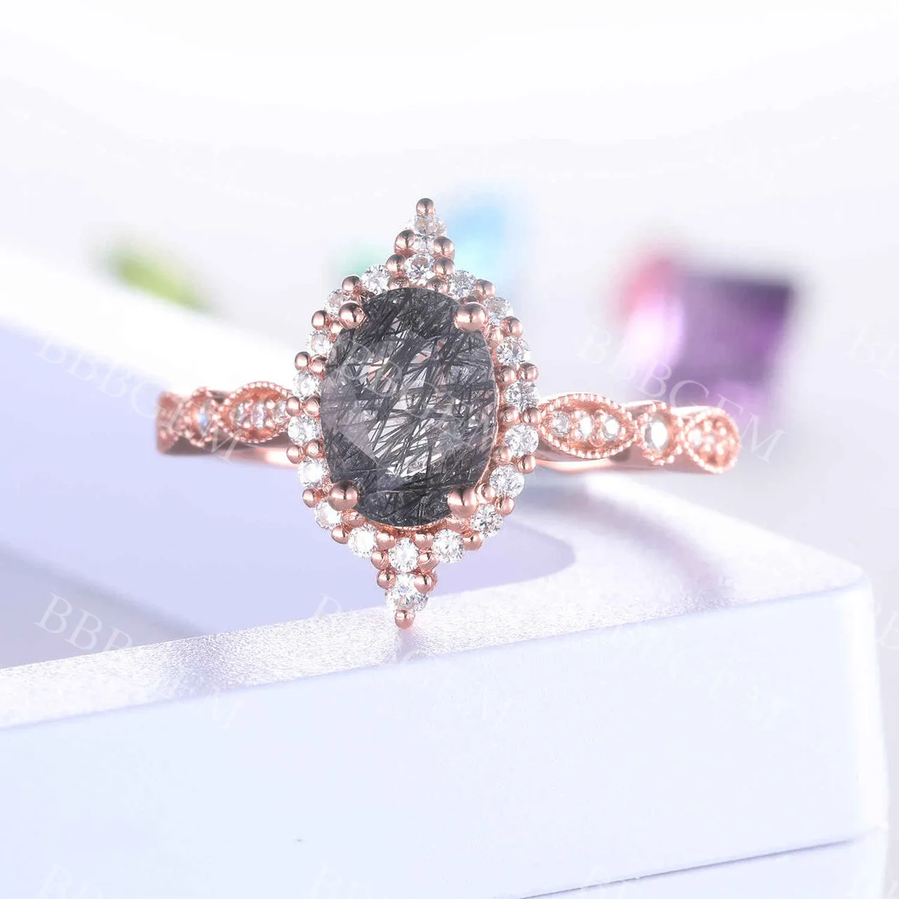 Black Rutilated Quartz Engagement Ring Rose Gold Vintage Diamond Wedding Ring