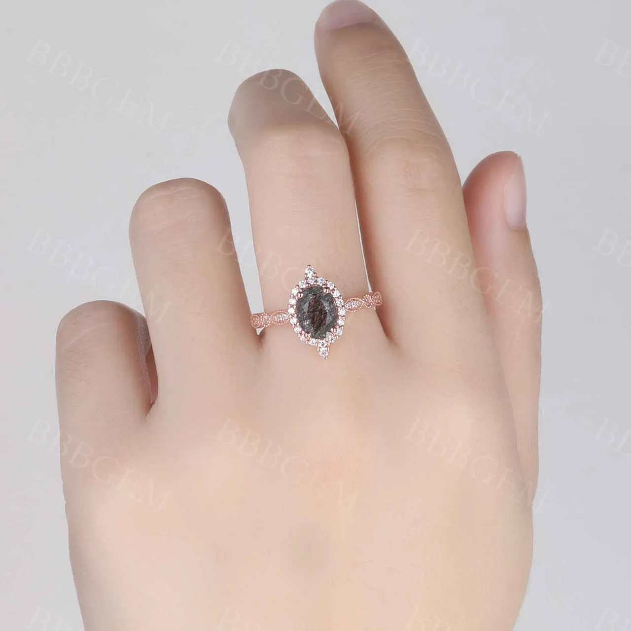 Black Rutilated Quartz Engagement Ring Rose Gold Vintage Diamond Wedding Ring