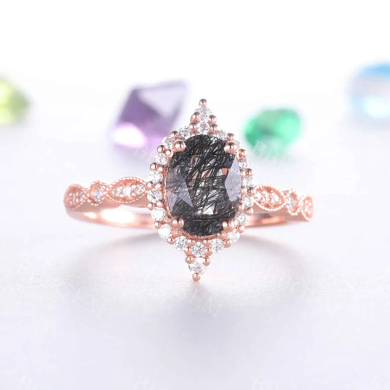 Black Rutilated Quartz Engagement Ring Rose Gold Vintage Diamond Wedding Ring