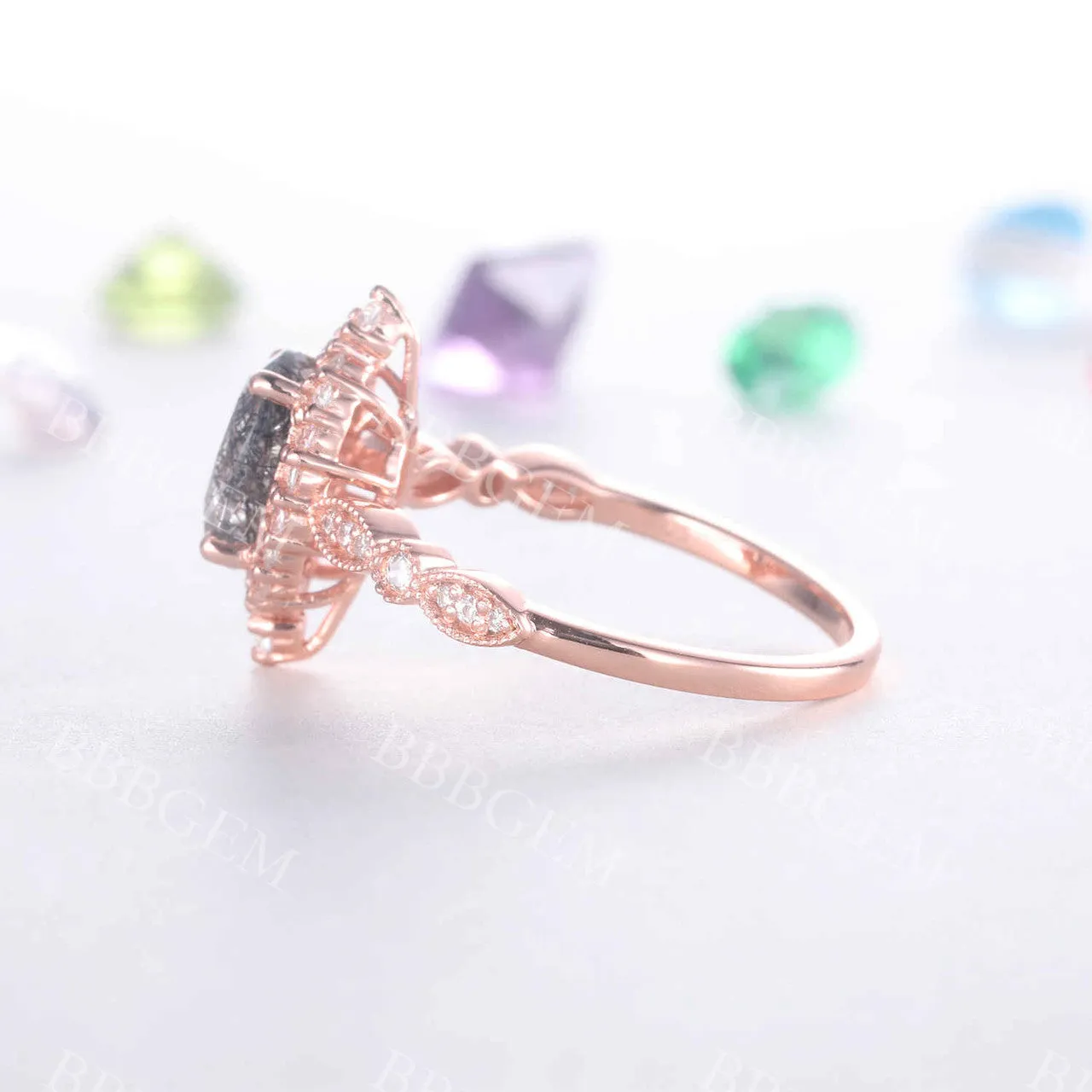 Black Rutilated Quartz Engagement Ring Rose Gold Vintage Diamond Wedding Ring