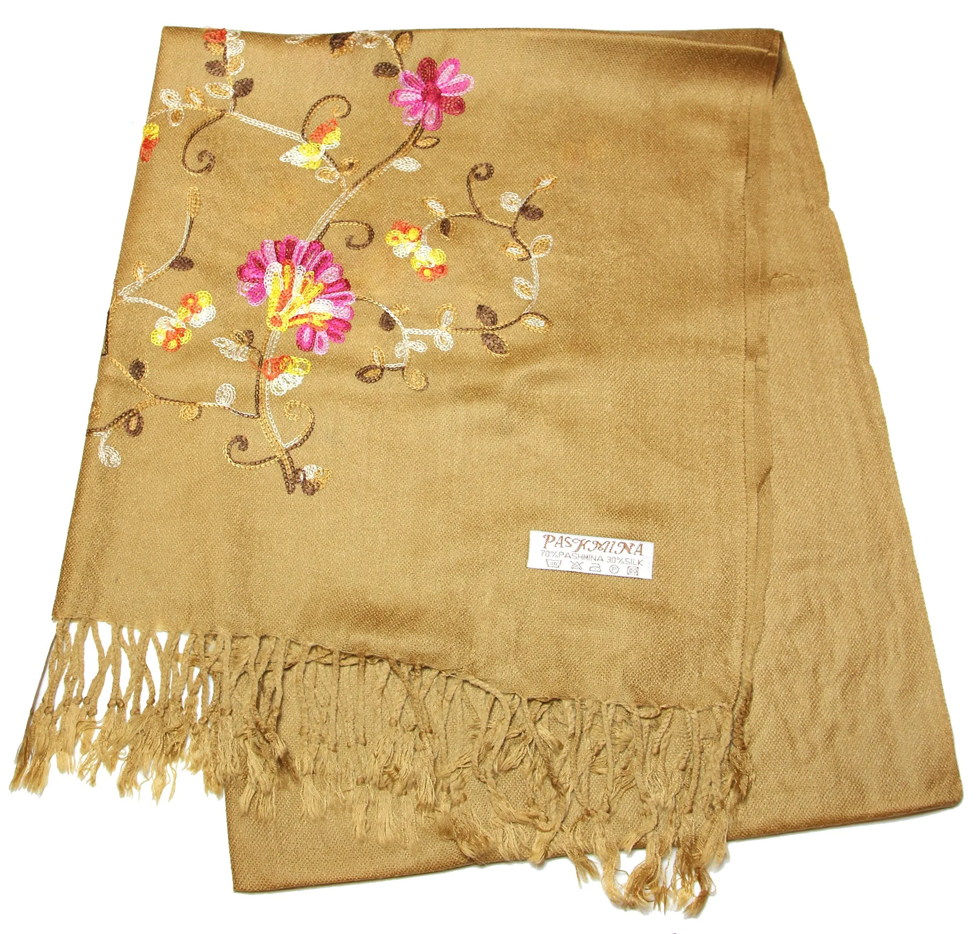 Fair Trade Hand Made Nepal Pashmina Scarf Shawl Embroidered Brown