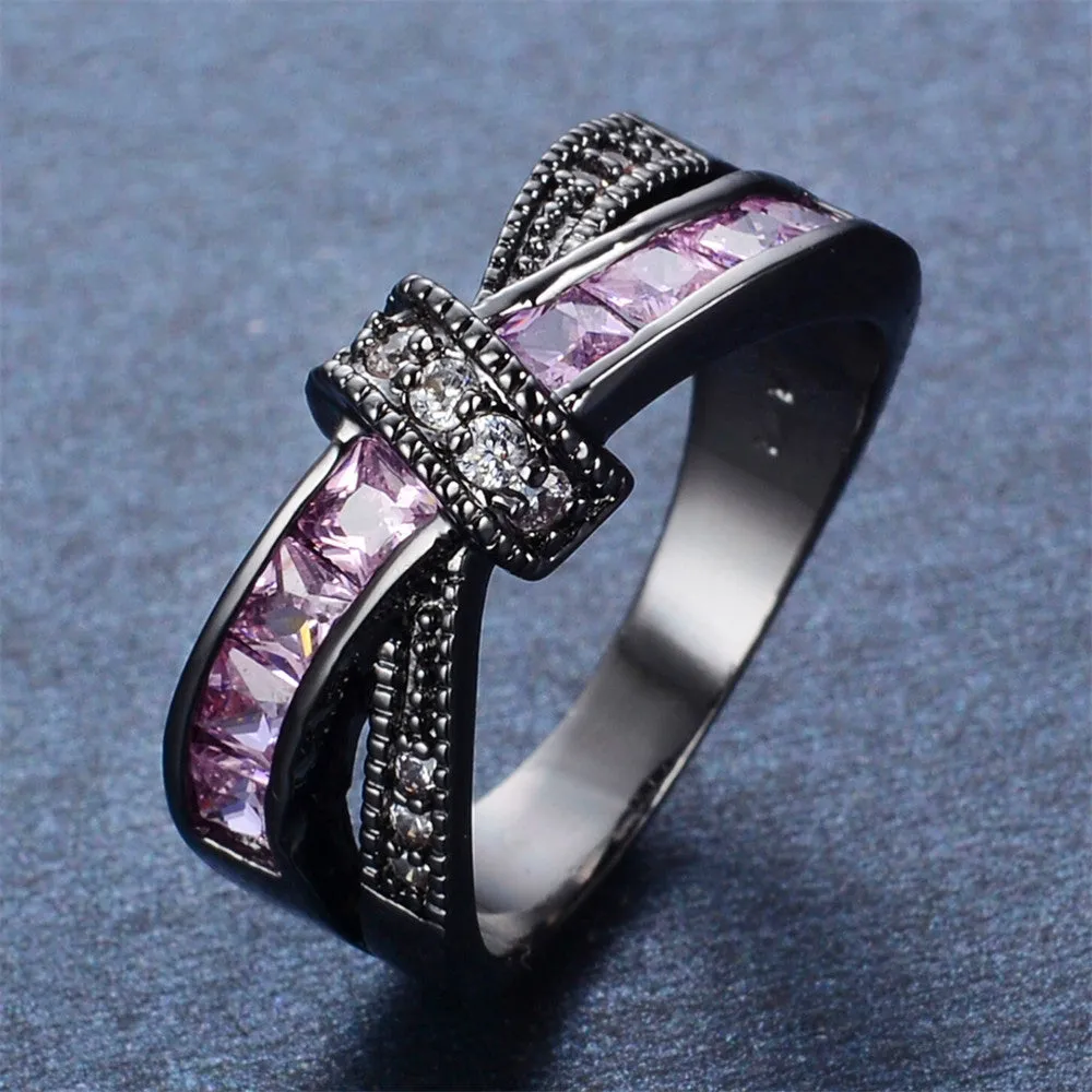 Female Pink Cross Ring Fashion White & Black Gold Filled Jewelry Promise Engagement Rings For Women Birthday Stone Gifts