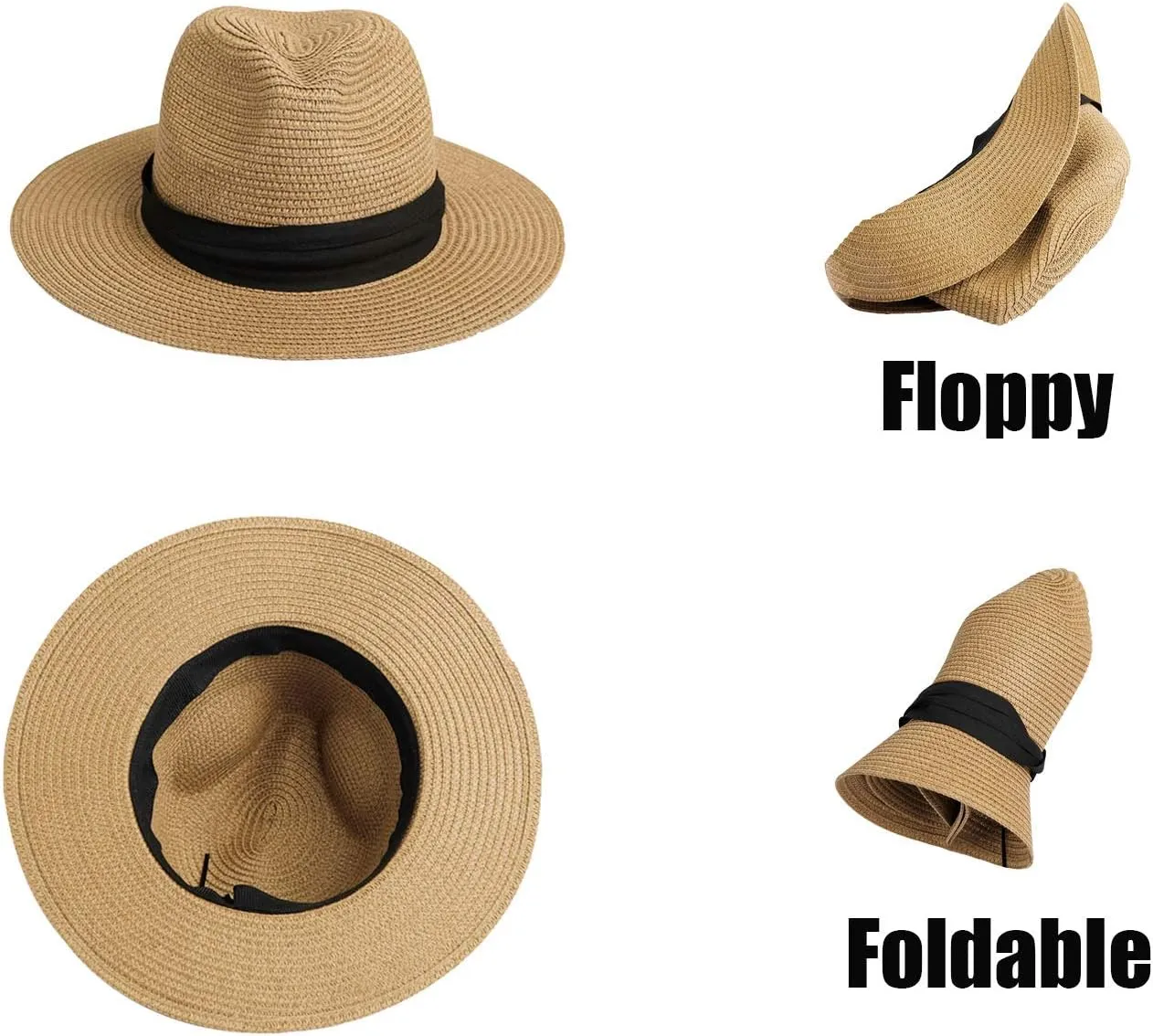 Girls Floppy-Straw-Hat Wide Brim Summer-Beach-Sun-Hat Packable Panama Hat for Kids 9-18 Years