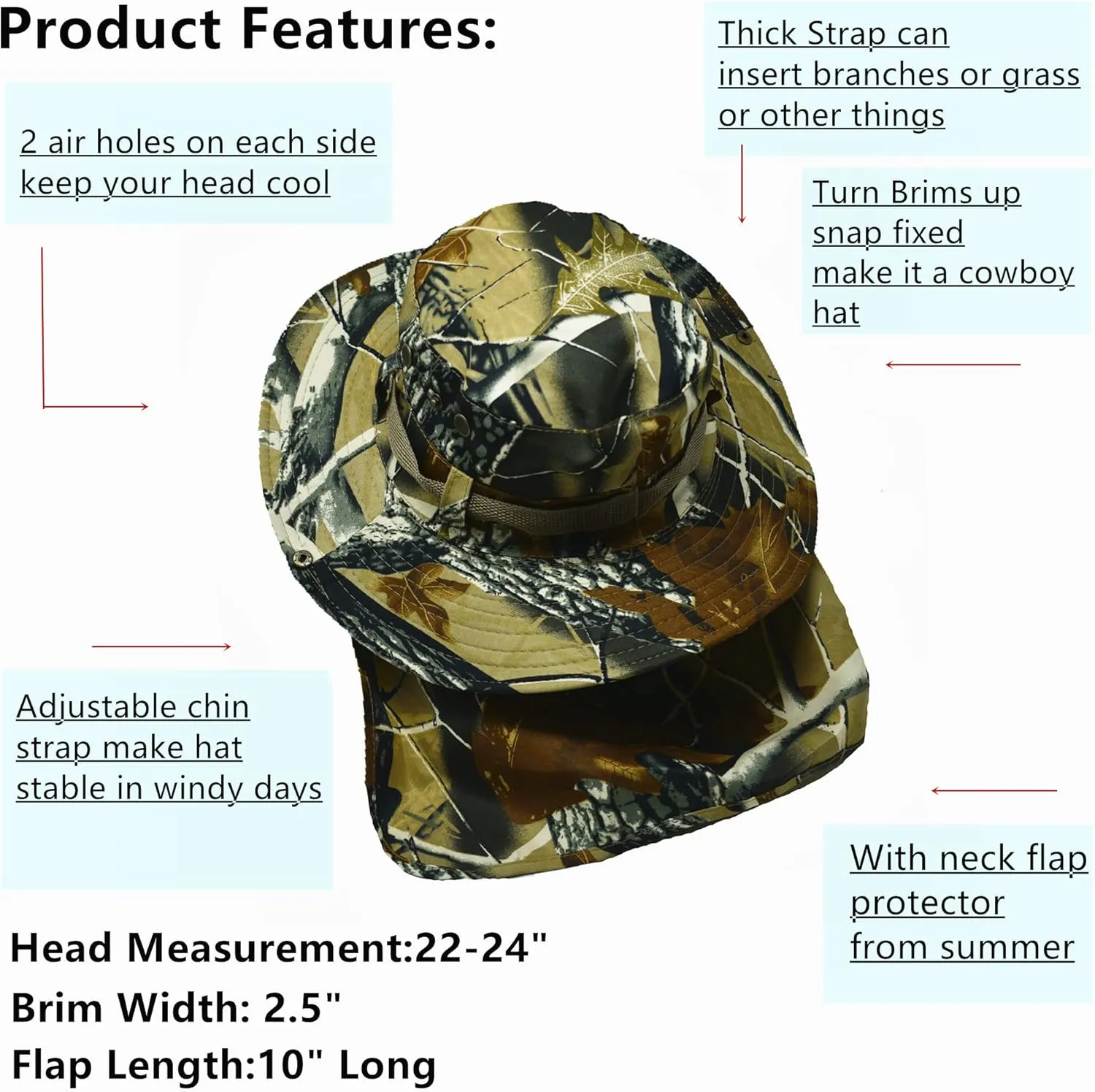 Glory Max Bucket Boonie Hat with Neck Flap Cover Sun Safari Wide Brim Fishing Garden Hiking Cap