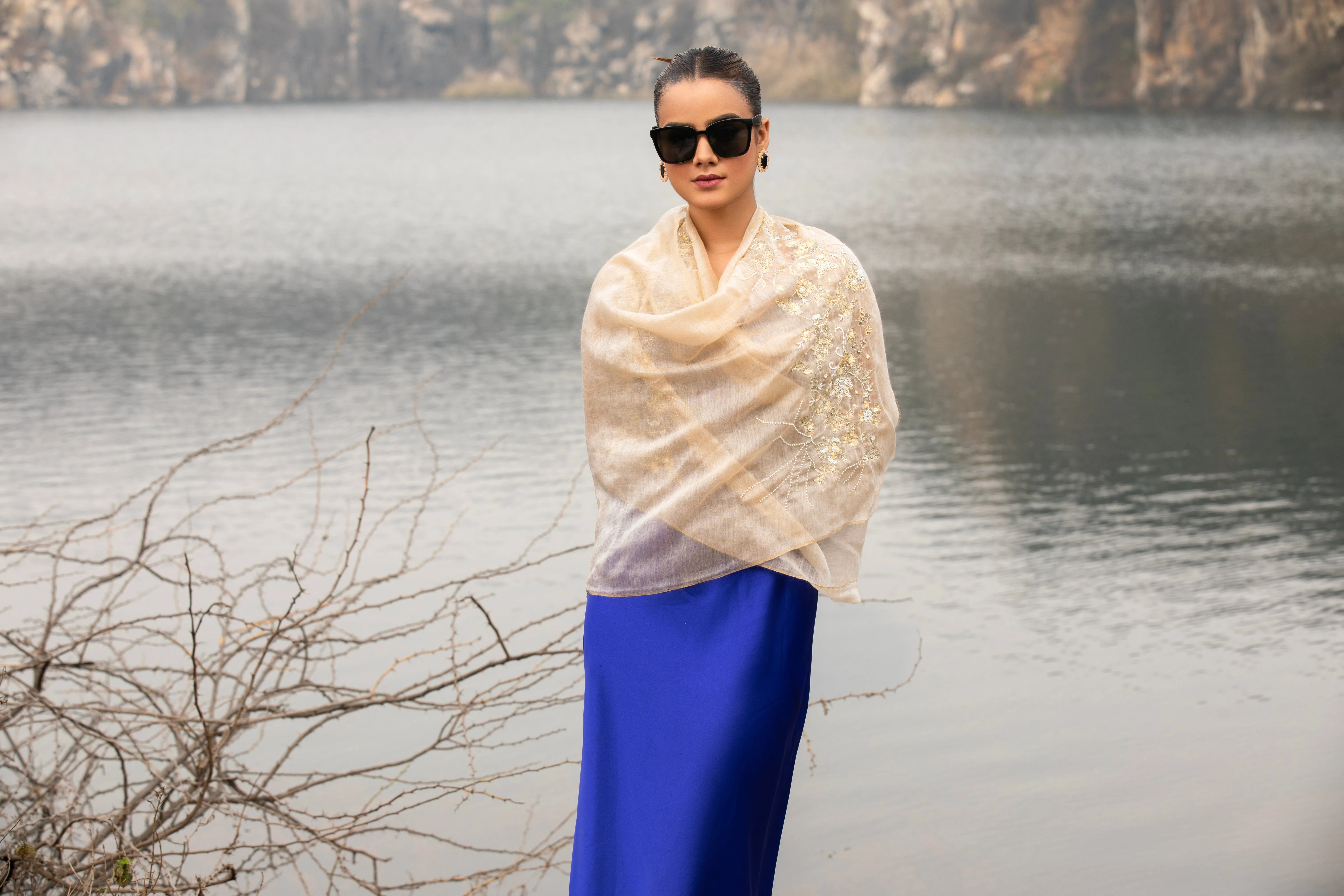 Handcrafted Beige Stole: Floral Embroidery on wool scarf
