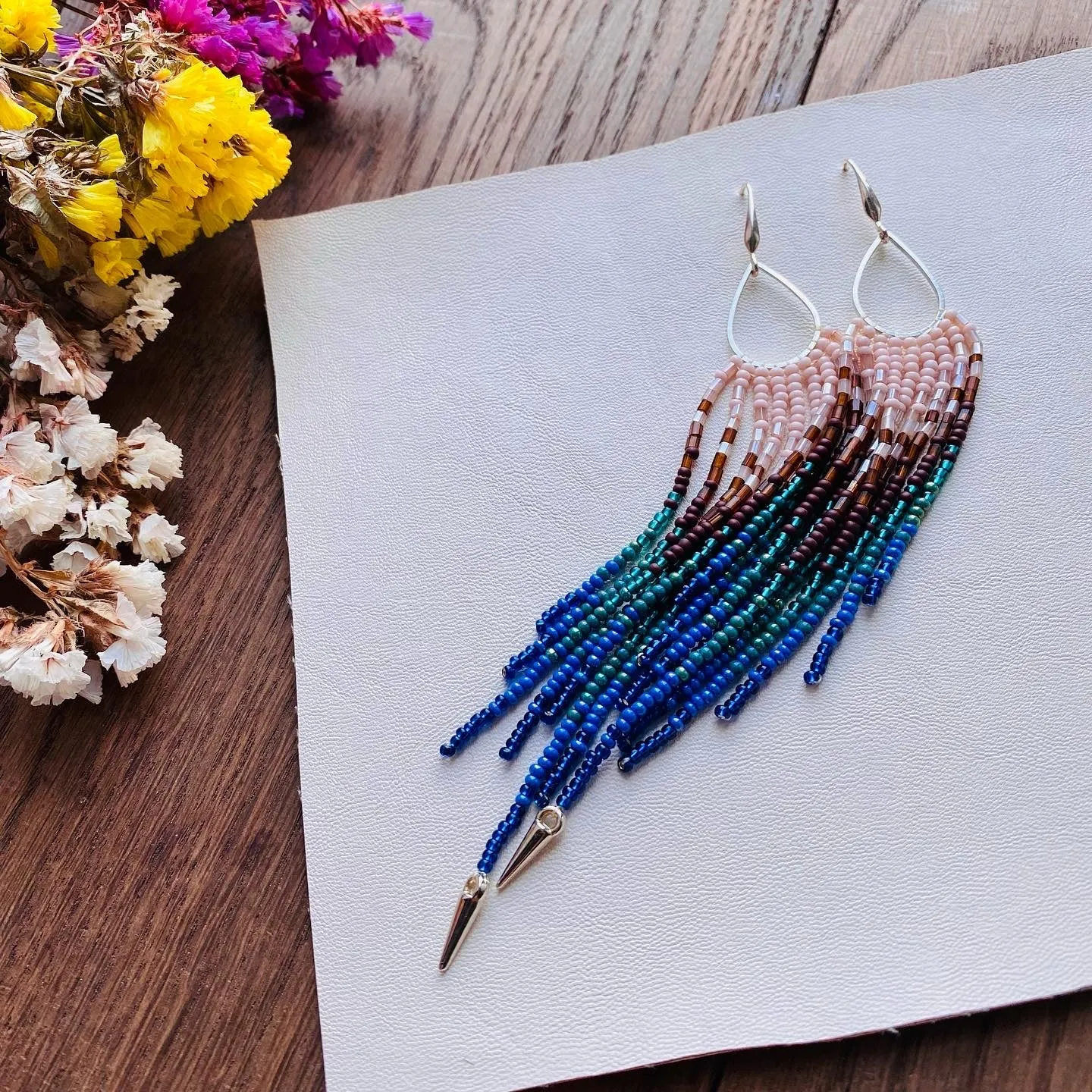 Handmade Long Dangle Statement Beaded Peacock Feathers Earrings for Women