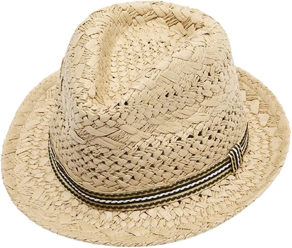 Kids Straw Fedora Sun Hat Short Brim Panama Jazz Hat Roll Up Trilby Bowler Cap for Small Boys Girls