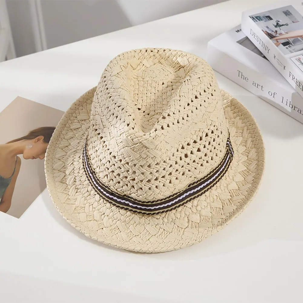 Kids Straw Fedora Sun Hat Short Brim Panama Jazz Hat Roll Up Trilby Bowler Cap for Small Boys Girls