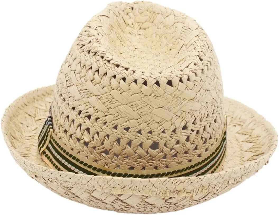 Kids Straw Fedora Sun Hat Short Brim Panama Jazz Hat Roll Up Trilby Bowler Cap for Small Boys Girls