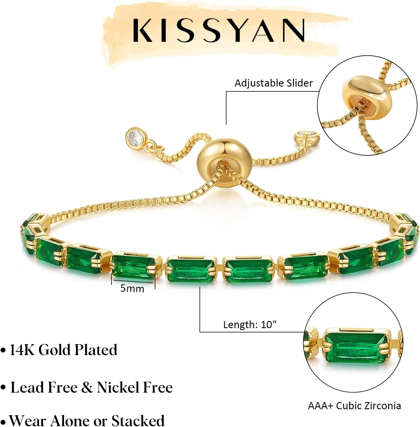 KissYan Tennis Bracelet for Women, 14K Gold Plated Cubic Zirconia Adjustable Slider Bracelets Trendy Jewelry Gift