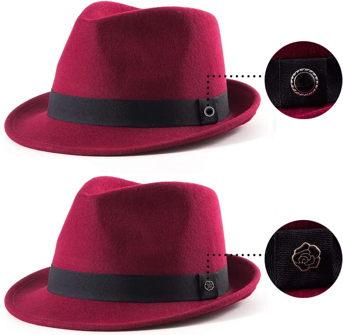 LADYBRO Straw Trilby Fedora Hat for Men 1920s Short Brim Wool Felt Panama Cap 7 1/4