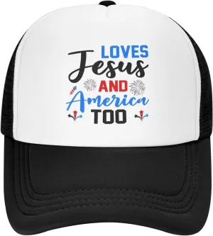 Loves Jesus and America Too Mesh Hat 4th of July Independence Day Hat Men Women Patriotic American Summer Cap Black