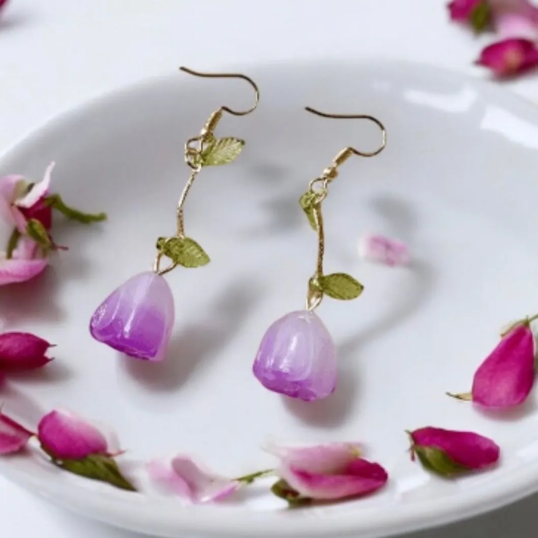 Minimalist - Sweet purple roses earrings |Kawaii cute fun chain earrings | korean art colourful dangle earrings | buttefly flower crystal clear beads