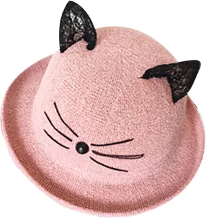 OPTIMISTIC Cat Ear Bowler Hat for Kids,Straw Bowler Hat for Baby Boys and Girls, Fedora Caps with Roll-up Brim, Travel Beach Bucket Hat Pink Medium