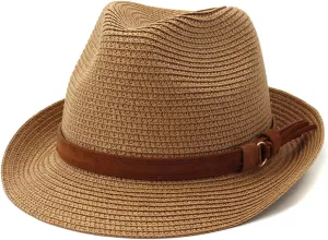PURFUN Men Women Short Brim Fedora Hat Classic Jazz Trilby Hat Anti-UV UPF 50  Travel Beach Straw Sun Hats Dance Panama Hat
