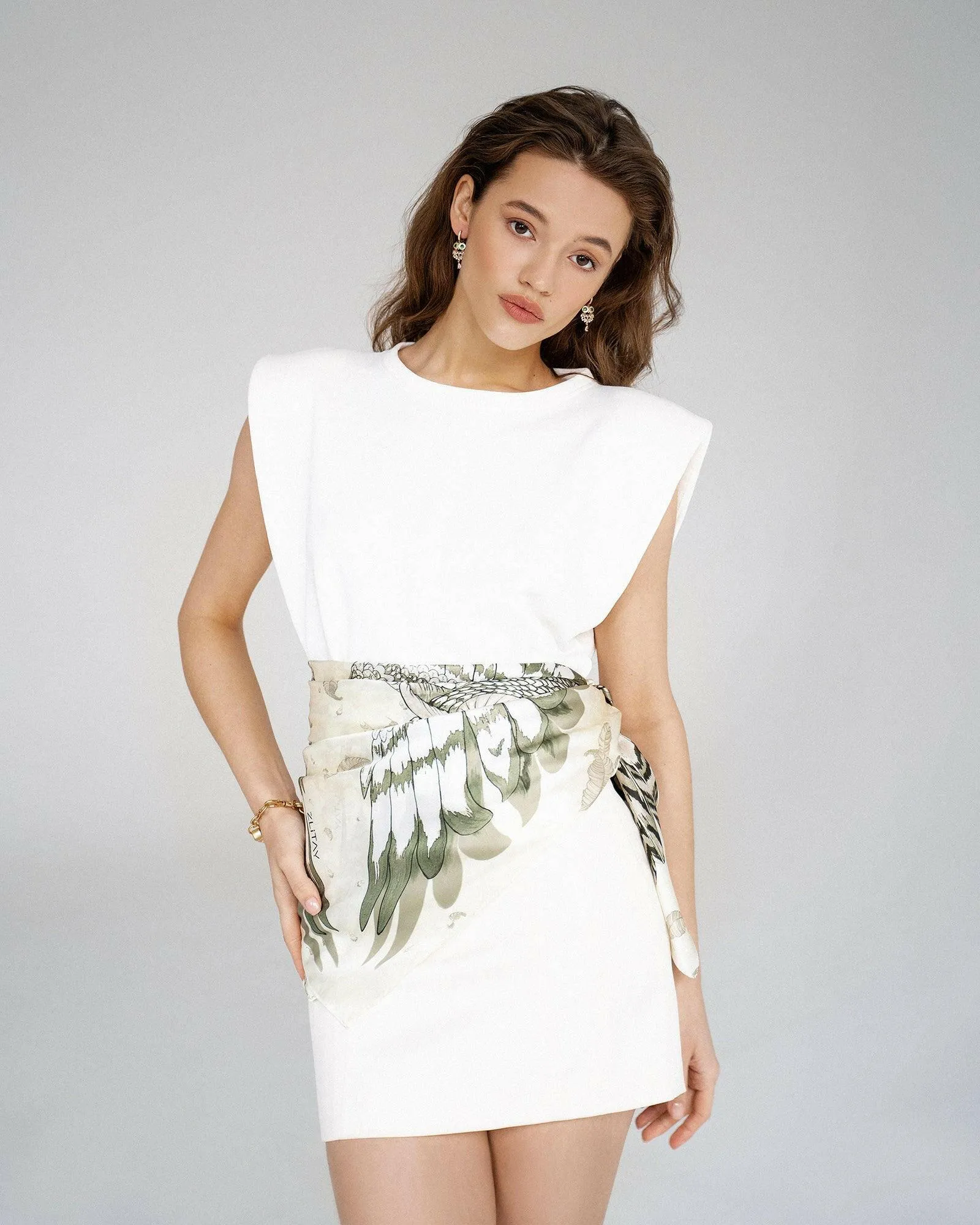 Silk Scarf with White Owl and Wings Design