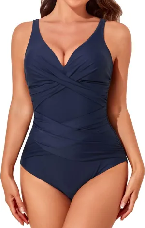 Smismivo Tummy Control Swimsuits for Women Slimming One Piece Bathing Suit Retro Ruched Push Up Vintage Padded Swimwear