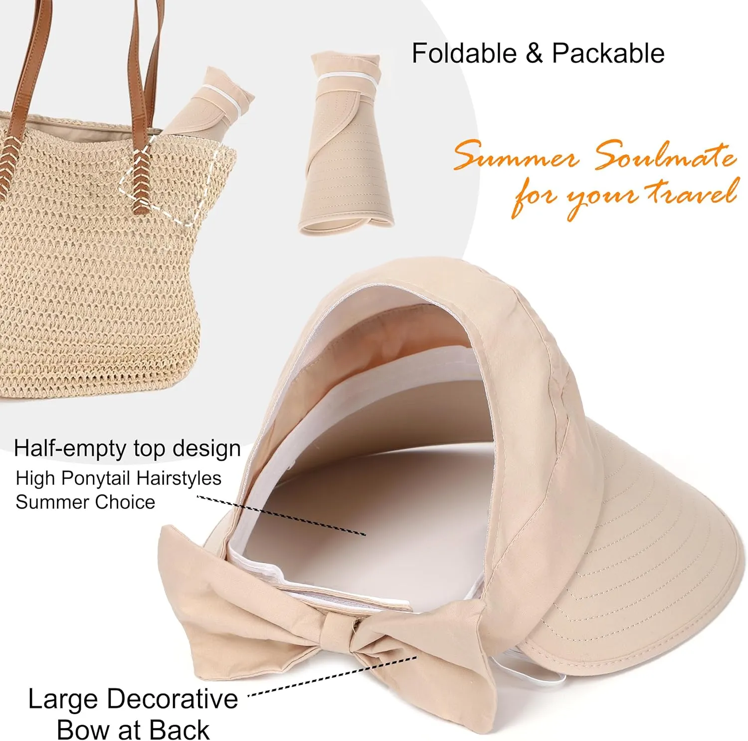 Sun Visor Hat for Women Wide Brim Ponytail Hole UV Protection Summer Cap Packable UPF 50  Travel Outdoor