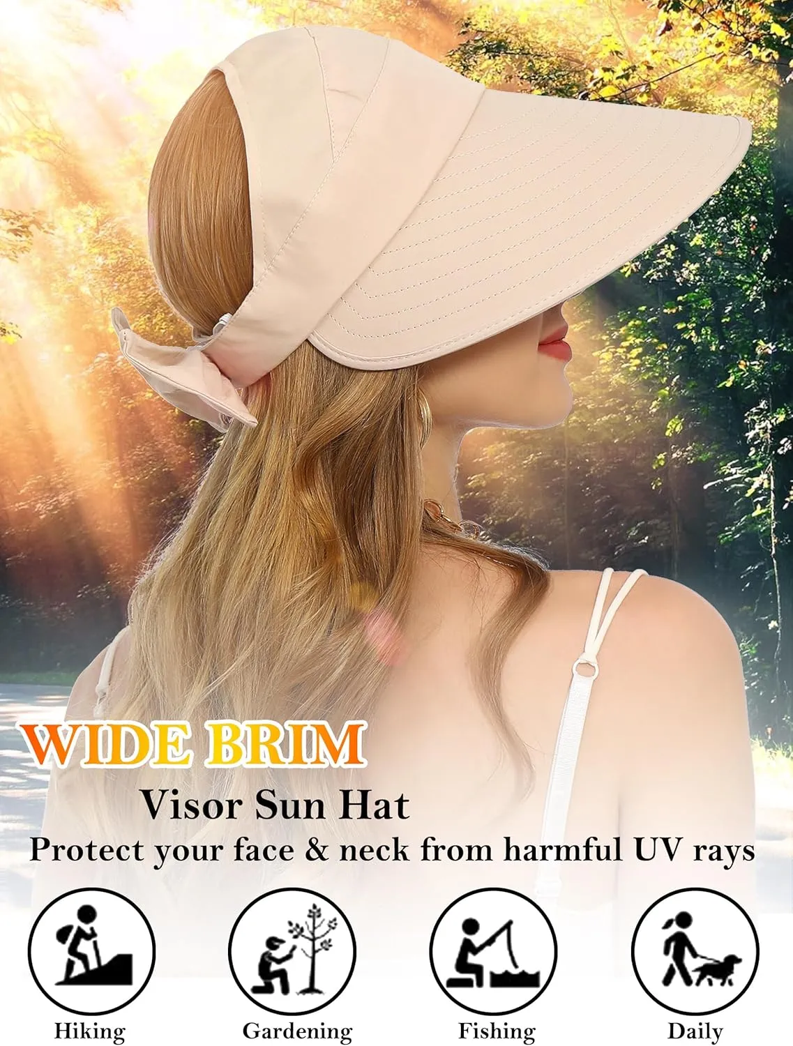 Sun Visor Hat for Women Wide Brim Ponytail Hole UV Protection Summer Cap Packable UPF 50  Travel Outdoor