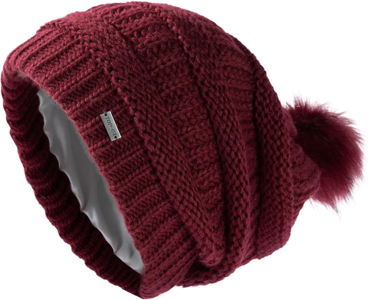 TOP-EX 100% Merino Wool Winter Slouchy Beanie for Women with Faux Fur Pom - Satin or Fleece Lined Hats for Cold Weather
