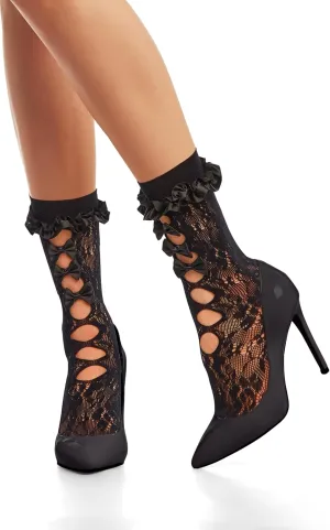 Violet Mist Ruffle Fishnet Ankle Socks for Women Teen Girls Cute Frilly Bows Lace Anklet Hollow Out Mesh Dress Crew Socks